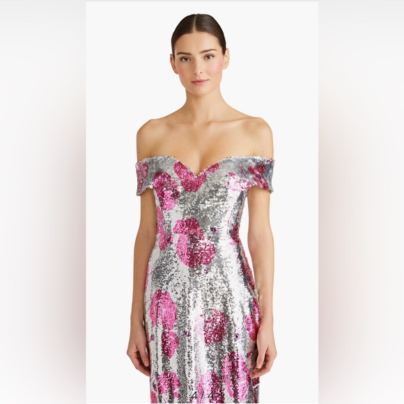 ML Monique Lhuillier Sequined Off The Shoulder Evening Dress - Picture 4 of 13